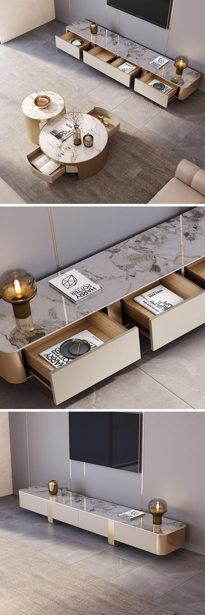 テレビボード/ラグジュアリー ゴールド 天板色 ダイナミック ※安心1年間品質保証 ※引き出しが付いており、リモコンなどの小物から、読みかけの雑誌など幅の広いものも収納が可能です。