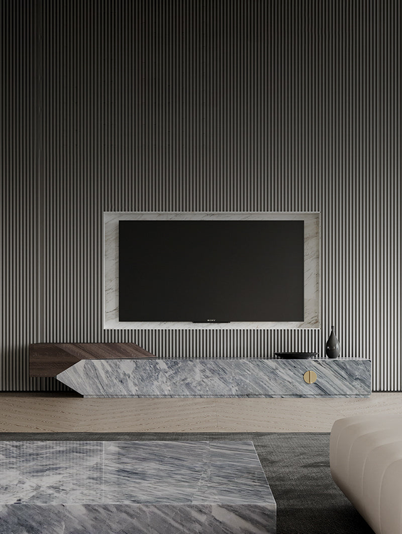 テレビボード/イタリア製大理石 木材色小栗茶色 グレー 220*46*38 ※安心1年間品質保証