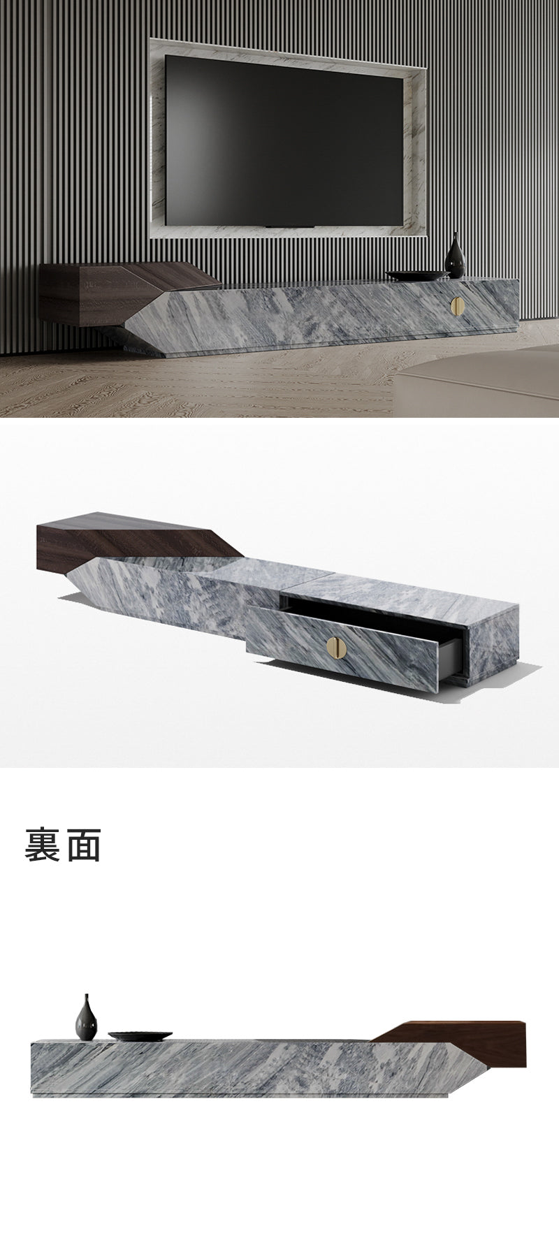 テレビボード/イタリア製大理石 木材色小栗茶色 グレー 220*46*38 ※安心1年間品質保証 ※引き出しが付いており、リモコンなどの小物から、読みかけの雑誌など幅の広いものも収納が可能です。 ※テレビボードの裏側に配線口が複数あるので、テレビなどの機器のケーブルを簡単に目隠しできます。