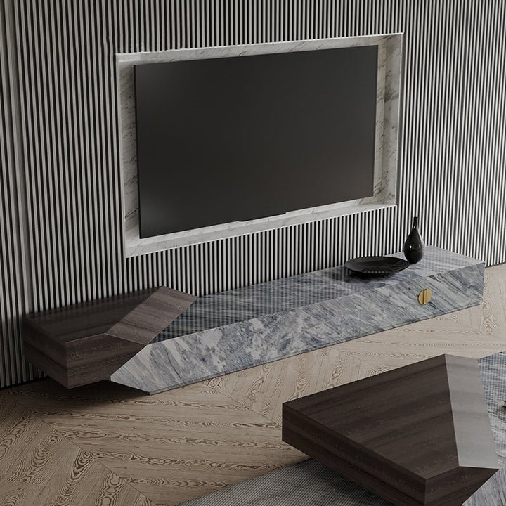 テレビボード/イタリア製大理石 木材色小栗茶色 グレー 220*46*38 安心1年間品質保証